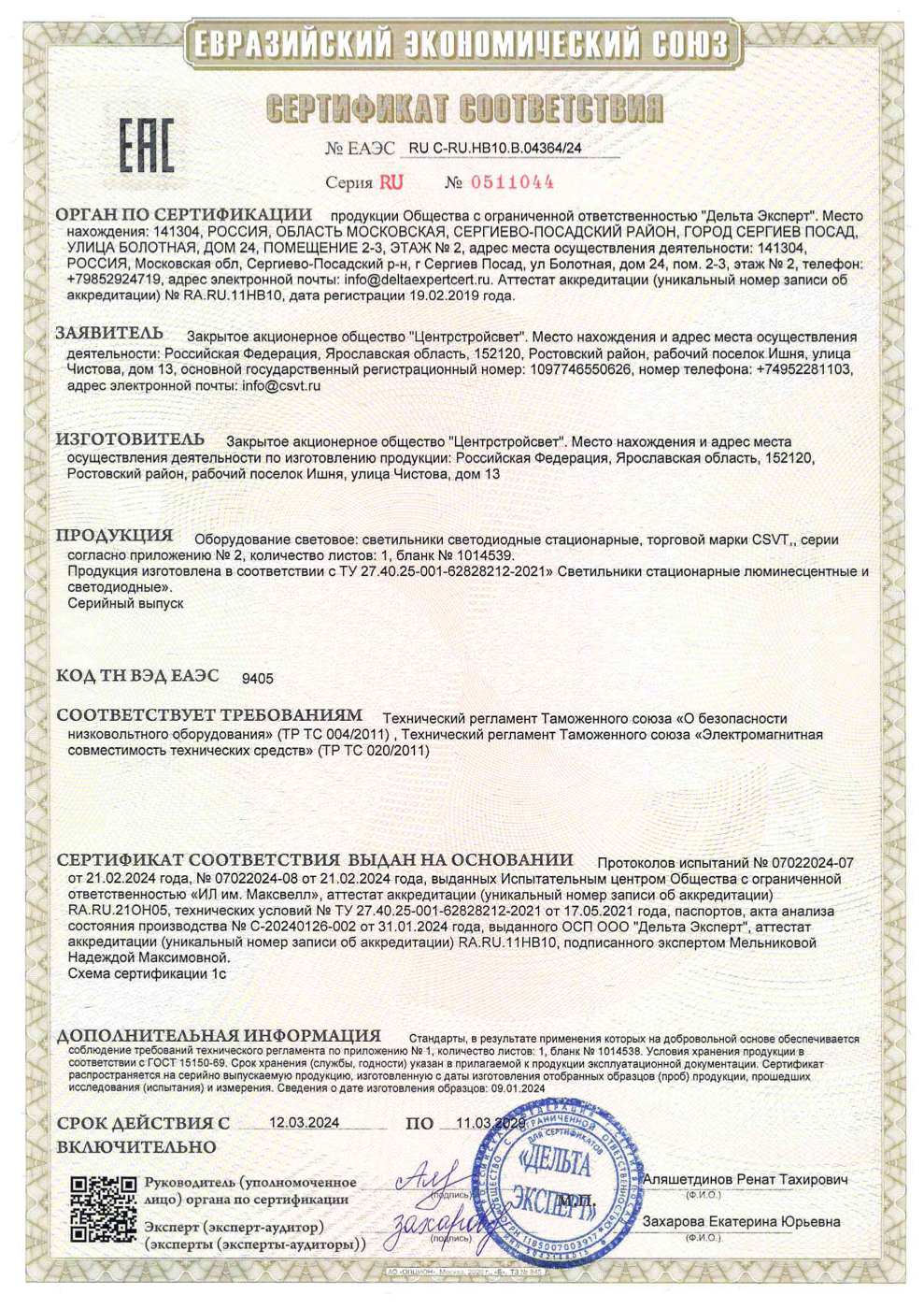 Сертификат соответствия. Светильники ЦСВТ