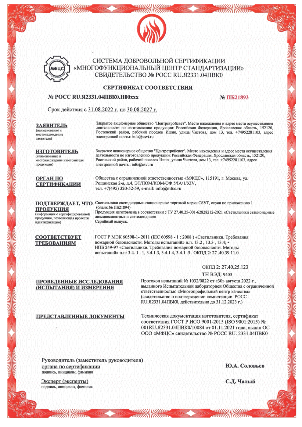 Пожарный сертификат. Светильники ЦСВТ